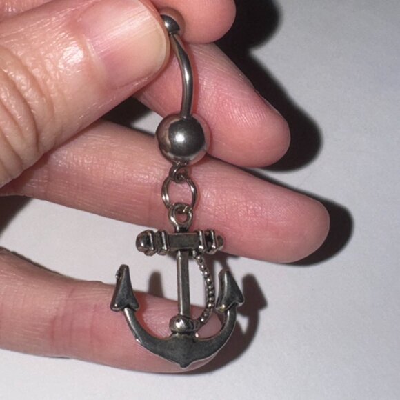 Large Anchor with Rope and Pink Gem Dangle Belly Ring - Picture 16 of 16